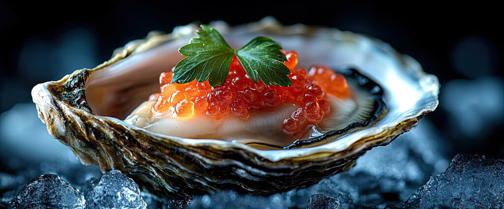 Fresh oyster with red caviar and parsley on ice in restaurant se